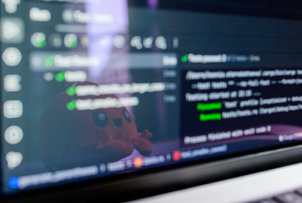 Laptop screen with code and a small orange octopus plush. Explainable AI concept.